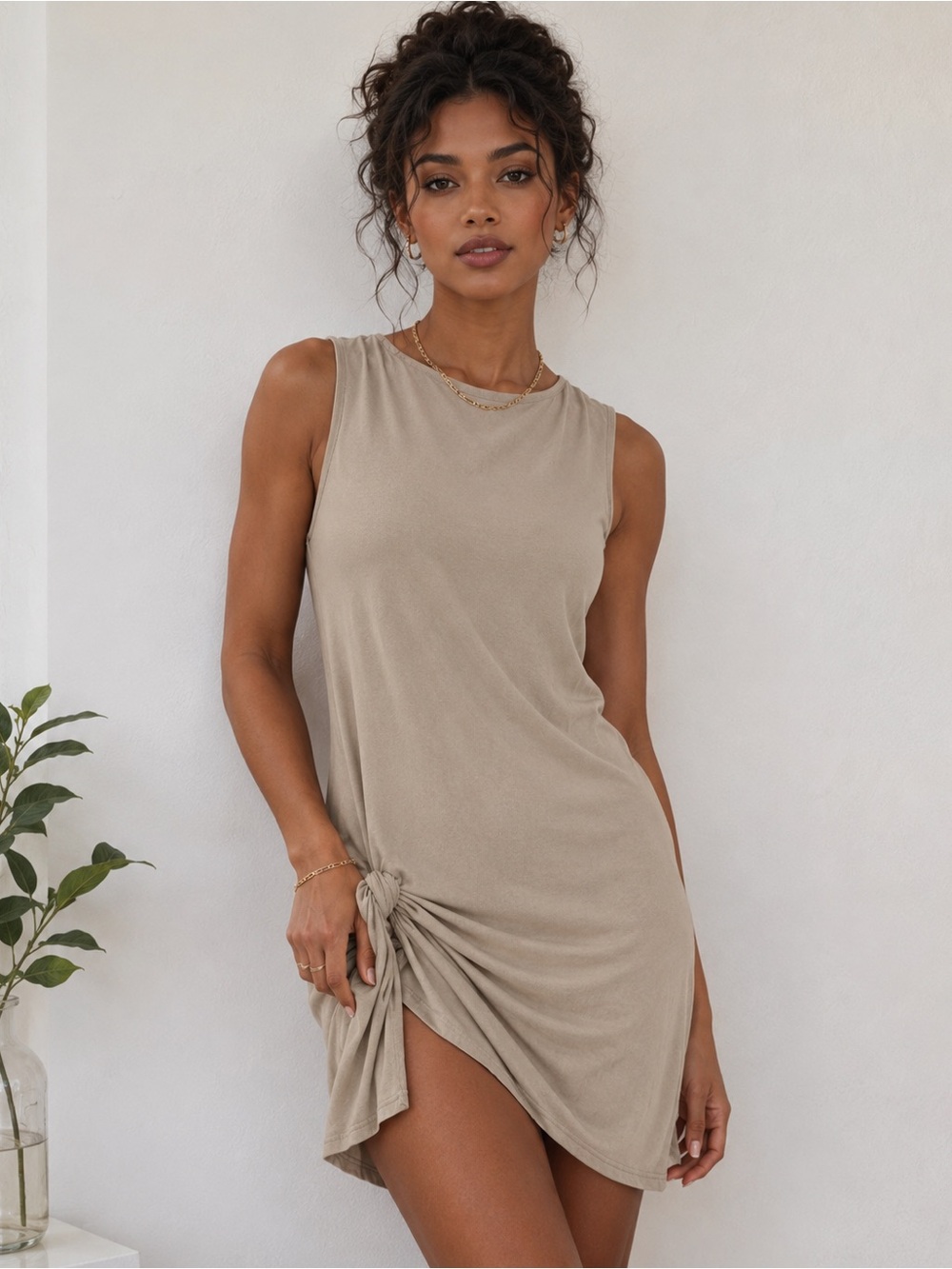 H&M Beige Ruched Side Knot Sleeveless Mini Dress | Size XL